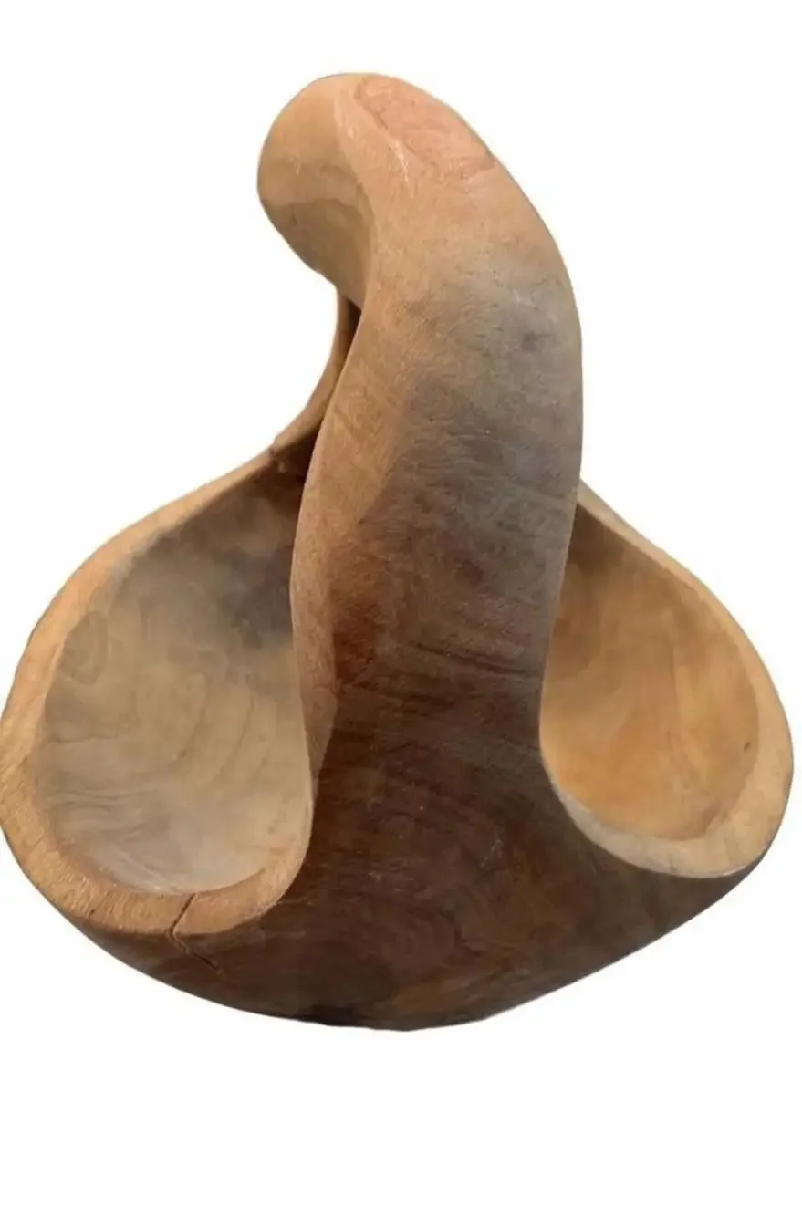 Hand Carved Teak Wood Basket with Handle